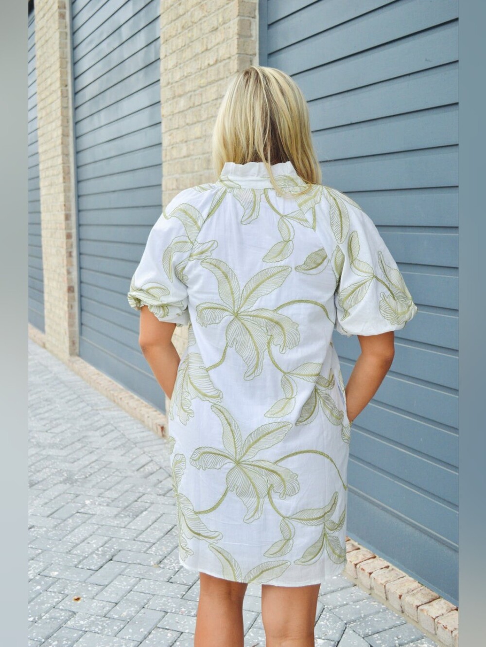 THML White Floral Mini Dress with Olive Trim - Picture 5 of 8
